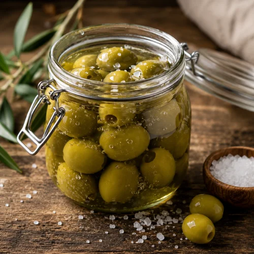 Green olives stored in salty brine glass jar