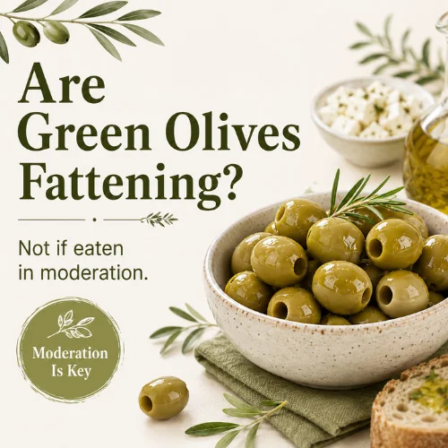 Healthy fats infographic showing green olives with olive oil in Mediterranean style.