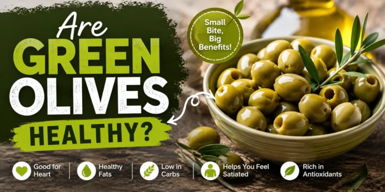 are green olives good for you? A bowl of fresh green olives with olive leaves highlighting the health benefits of green olives, including healthy fats, low carbs, antioxidants, and heart health.