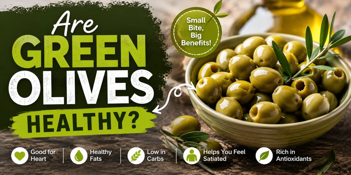 are green olives good for you? A bowl of fresh green olives with olive leaves highlighting the health benefits of green olives, including healthy fats, low carbs, antioxidants, and heart health.