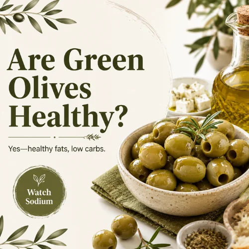 Healthy fats infographic showing green olives and olive oil in Mediterranean food style.