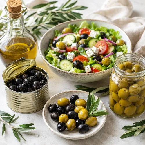 Canned green olives and black olives health and sodium comparison in jar packaging