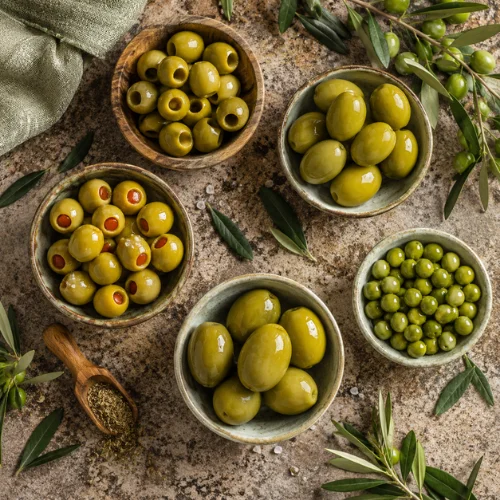 Different varieties of green olives including stuffed, pitted, and whole green olives