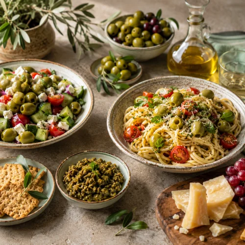 Green olive dishes including pasta, salad, crackers, cheese, and tapenade