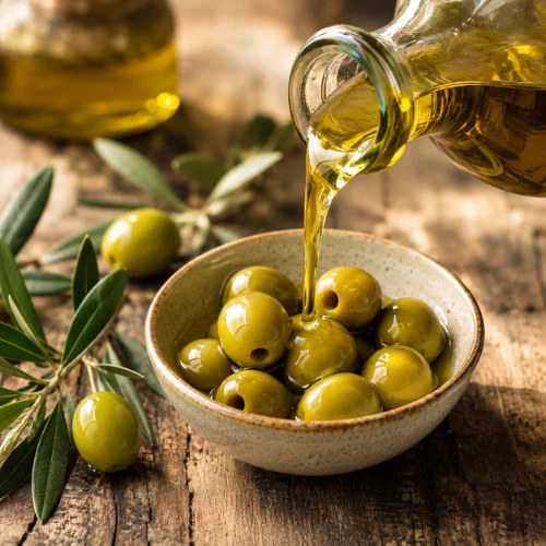 Olive oil pouring over green olives in bowl