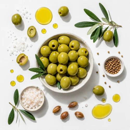 Green olives with nutrition concept showing fats and minerals
