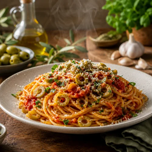 Pasta topped with sliced green olives, tomato sauce, herbs, and grated cheese