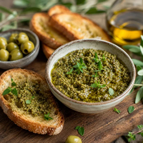 Green olive tapenade served in a bowl with toasted bread and olive oil