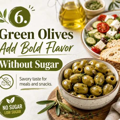 Bold flavor infographic showing green olives with olive oil and Mediterranean ingredients.