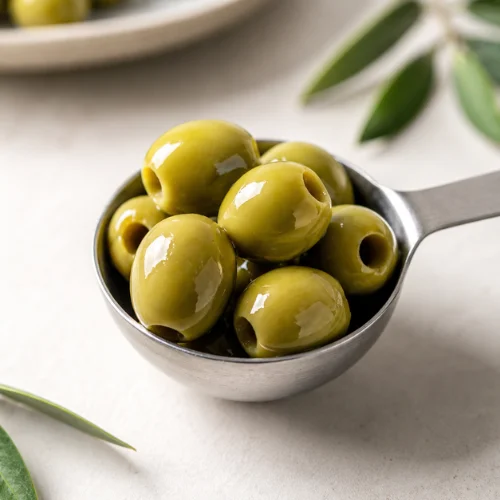 Small portion of green olives in bowl representing calorie control