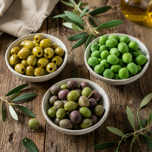 Comparison of green olives, fresh olives, and raw olives shown in separate bowls