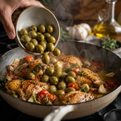 Green olives being added to a hot chicken skillet with herbs and tomatoes