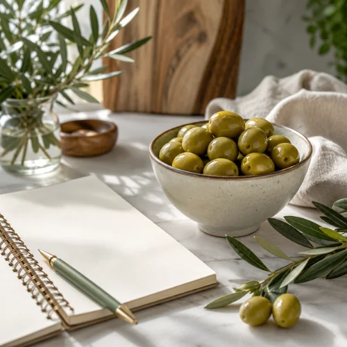 Bowl of green olives beside a notebook and pen in a clean kitchen setting