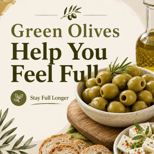 Satiety infographic showing green olives bowl with bread and cheese explaining fullness.