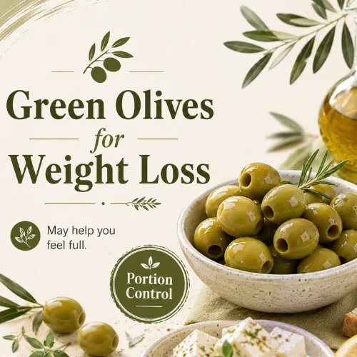 Nutrition infographic showing green olives with icons for carbs, fats and calories.