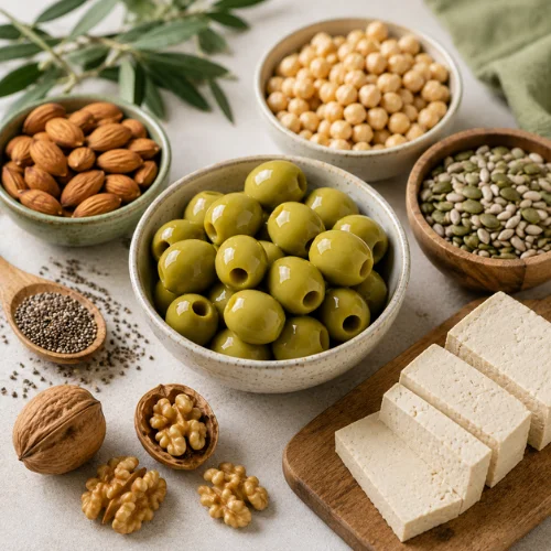 Green olives with nuts and seeds representing plant protein