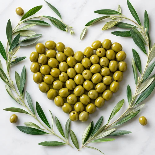 Green olives arranged in heart shape with leaves