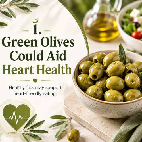 Heart health infographic showing green olives bowl with olive oil and heart friendly icon.