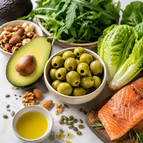 Green olives with low carb healthy diet foods like greens and avocado