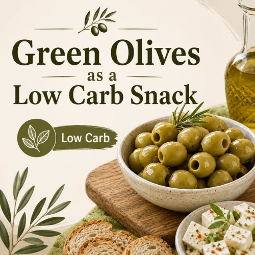 Low carb snack infographic featuring green olives with Mediterranean food and cheese.