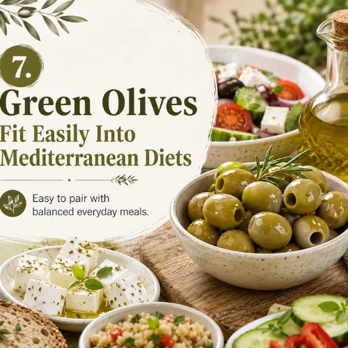 Mediterranean diet infographic featuring green olives, bread, cheese and olive oil.