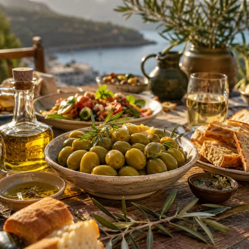 Green olives served on a Mediterranean dining table with bread, olive oil, and warm sunset lighting