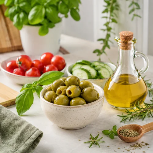 Green olives with olive oil, cucumber, tomato, garlic, and herbs representing nutrition facts