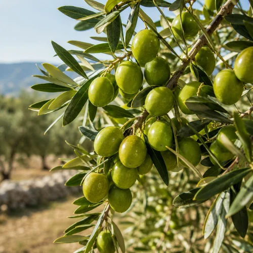 Fresh green olives growing on an olive tree branch in natural sunlight