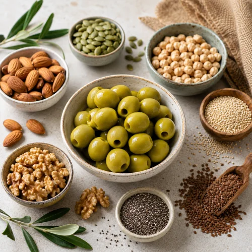 Green olives with nuts and seeds representing plant protein