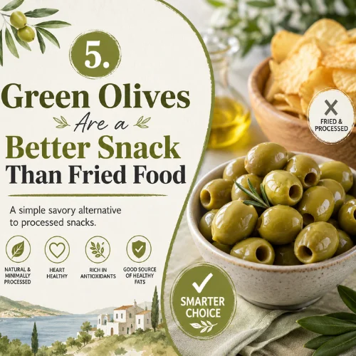 Healthy snack comparison showing green olives as a better choice than fried snacks.