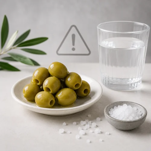 Green olives with salt concept showing moderation
