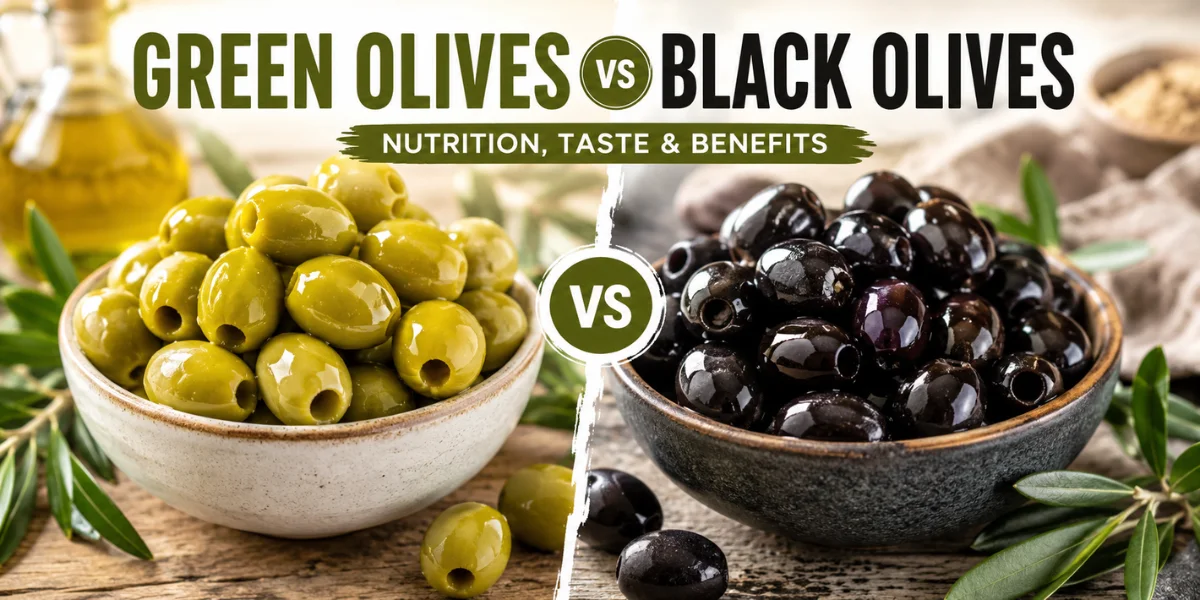 Green olives vs black olives quick comparison showing difference in taste, texture and ripeness