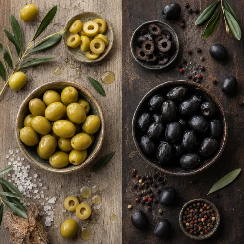Green olives vs black olives quick comparison showing difference in taste, texture and ripeness