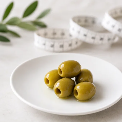 Green olives in small portion plate for diet control