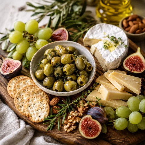 Green olives served with cheese, crackers, grapes, figs, and nuts on a charcuterie board
