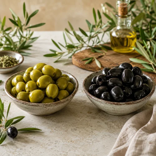 Green olives and black olives in separate bowls for a side-by-side comparison