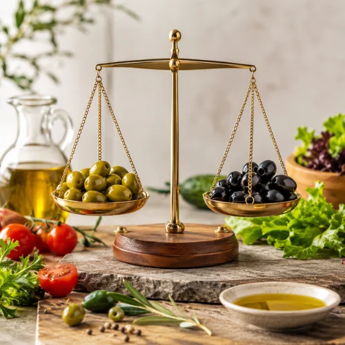 Green olives vs black olives comparison table showing ripeness taste texture and uses