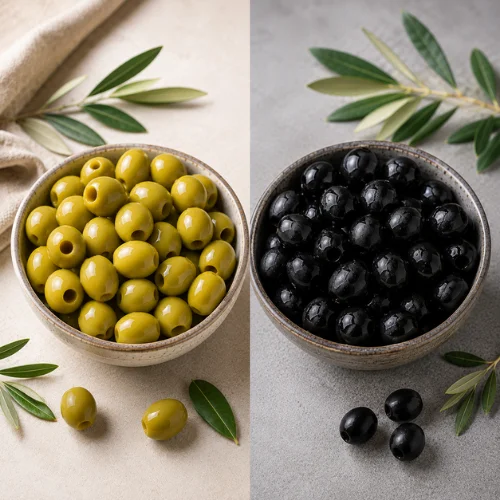 Green olives vs black olives comparison in bowls