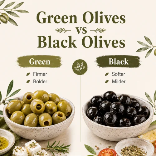 Comparison infographic showing green olives vs black olives with texture and taste difference.