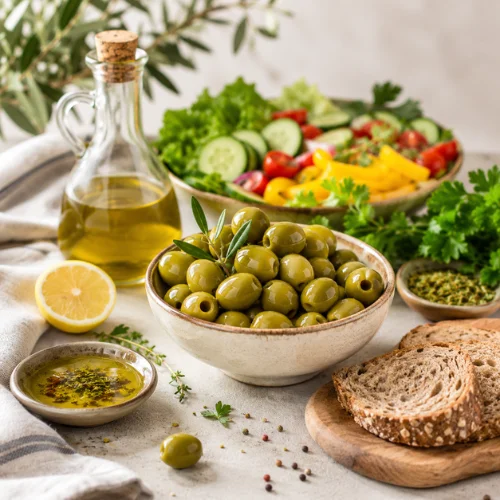 Green olives with olive oil, lemon, fresh herbs, and vegetables in a healthy food setup