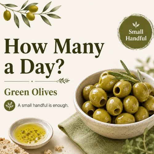 Infographic explaining what green olives are with olives bowl and Mediterranean design.