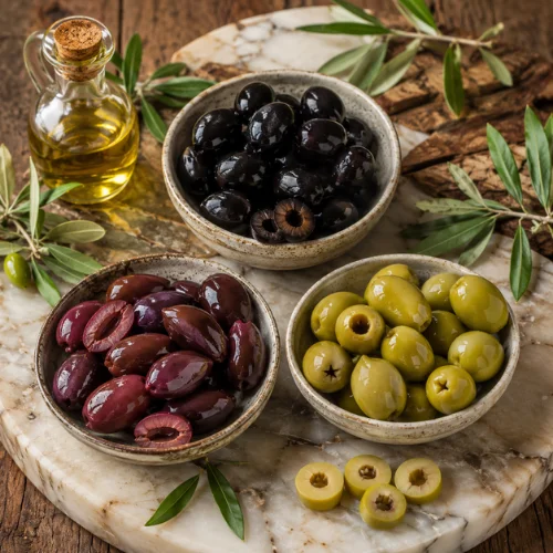 Kalamata olives vs black olives vs green olives comparison of taste and color