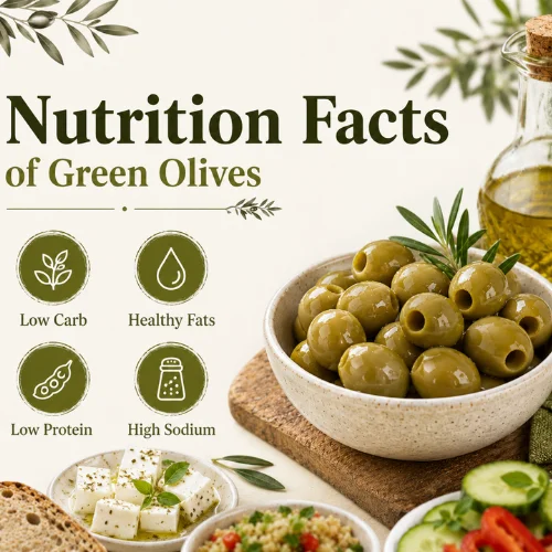 Nutrition infographic showing green olives with icons for carbs, fats and calories.