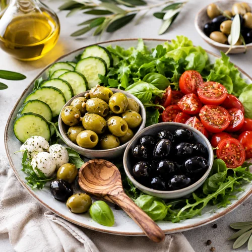 Health benefits of green olives and black olives with Mediterranean healthy food style