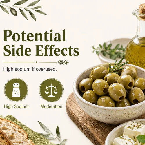 Nutrition infographic showing green olives with icons for side effects