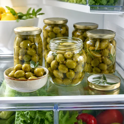 Green olives stored in jars and bowls inside a refrigerator shelf