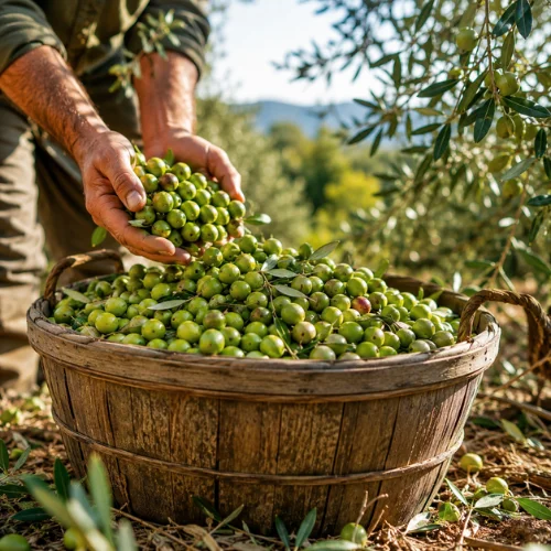 Green Olive Nutrition Facts. Green olives being harvested into wooden basket in farm