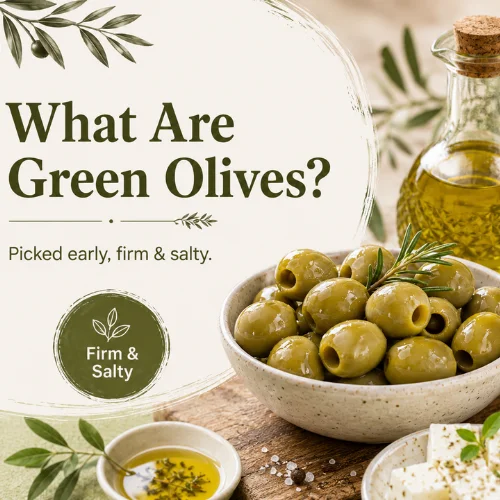 Green olives infographic explaining what green olives are with olives bowl, olive oil and Mediterranean styling.