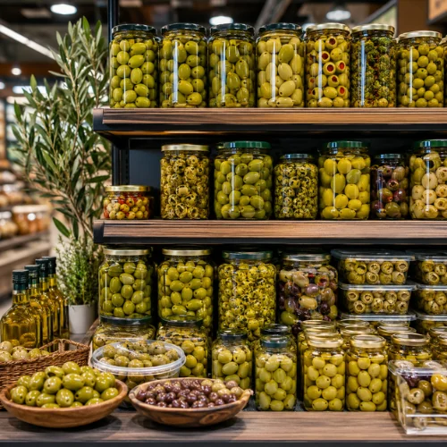Jars of green olives displayed on grocery store shelves with different varieties