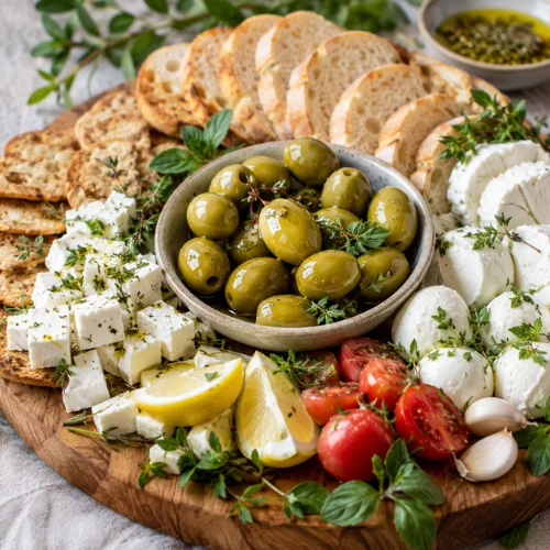 Green olives served with feta, mozzarella, tomatoes, lemon, garlic, crackers, and bread